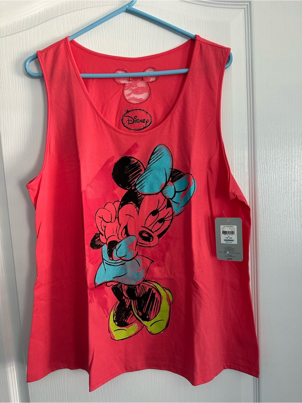 Disney Pink Coral Minnie Graphic Tank Top with Teal & Neon Accents